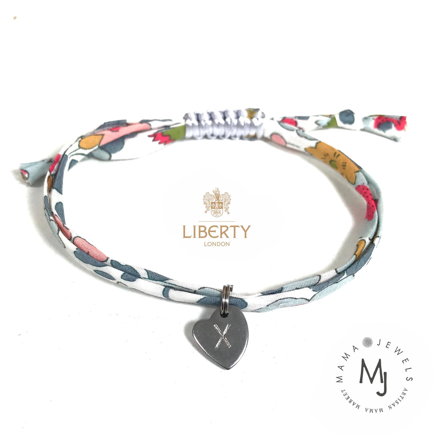 Liberty print personalised initial bracelet - Teal blue floral image 0