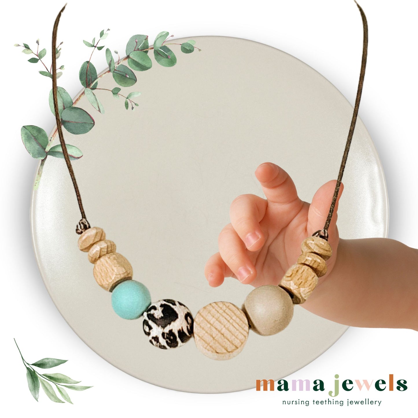 NOA Beechwood and silicone teething necklace | Leopard Aqua image 0