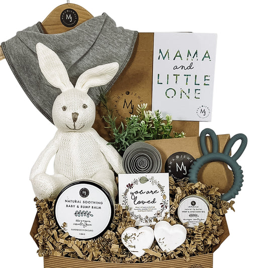Babyshower gift Unisex Mum and baby vegan hamper | knitted Bunny | Grey image 0