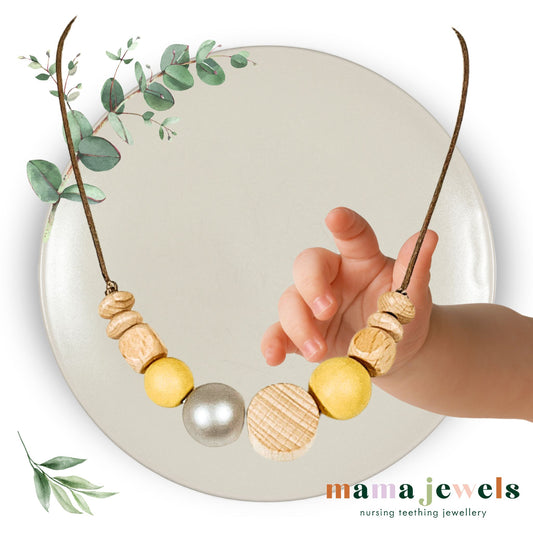 NOA Beechwood and silicone teething necklace | Mustard silver image 0
